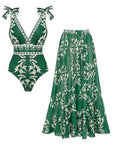 V Neck Lace Up Printed One Piece Swimsuit and Skirt