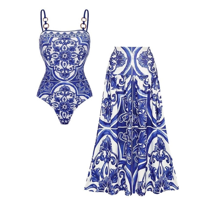Sling Classic Majolica Series Pattern Print One Piece Swimsuit