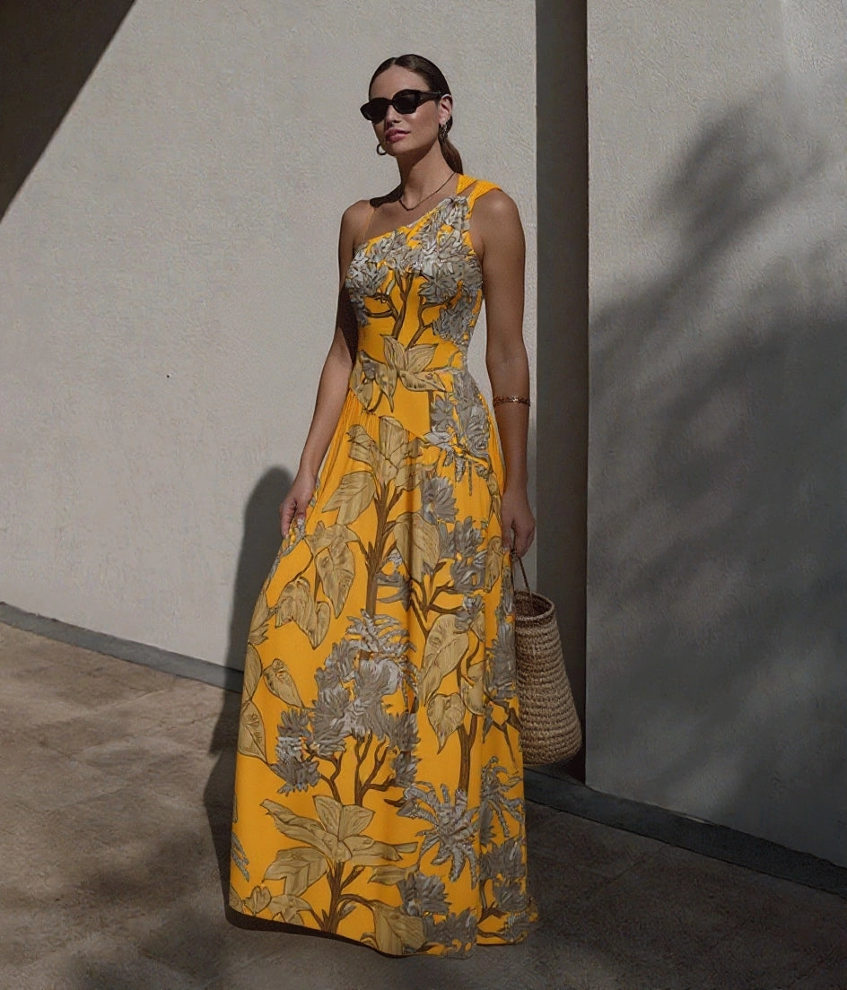One Shoulder Yellow Printed Swimsuit Set