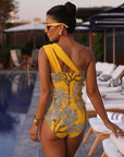 One Shoulder Yellow Printed Swimsuit Set