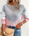 Tina- Pointelle Jumper with V-Shape Contrast Panels
