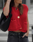 Elegant Pocket Sleeveless Cropped Knit Cardigan