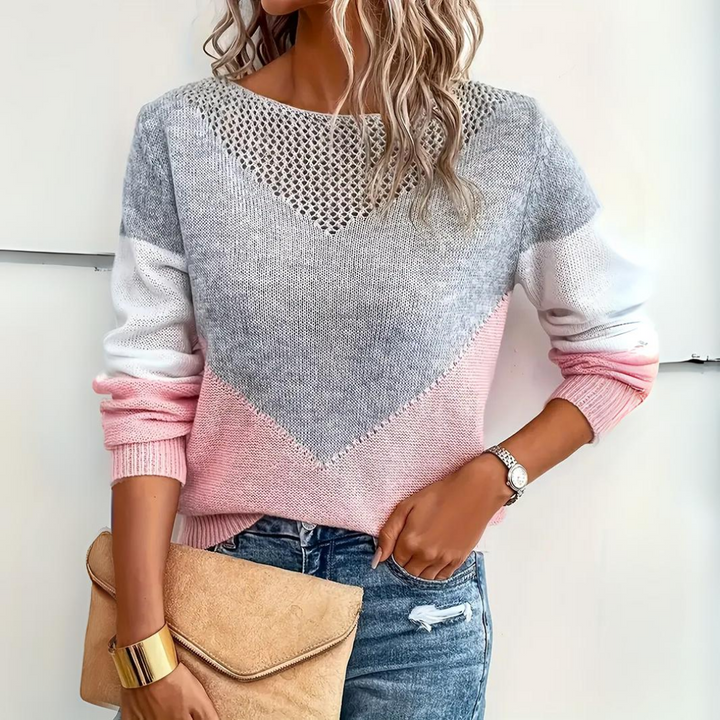 Tina- Pointelle Jumper with V-Shape Contrast Panels