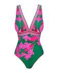 Pink & Green Colorblock Print V-Neck Swimsuit Set(s)