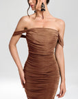 EVA™ - Off-The-Shoulder Bodycon Dress Ruched Backless Slim Fit Long Dress