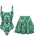 Classic Majolica Series Pattern Print One Piece Swimsuit and Pants or Skirt