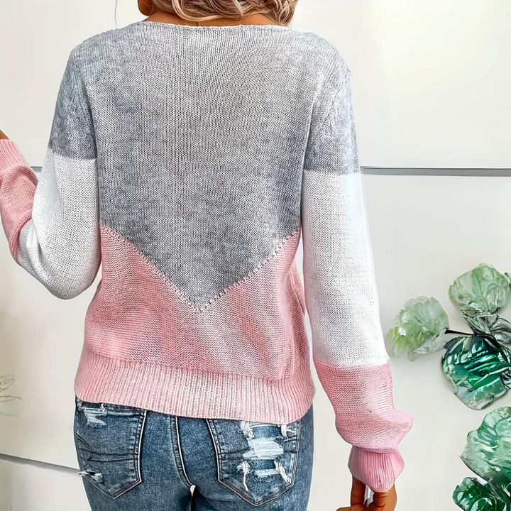 Tina- Pointelle Jumper with V-Shape Contrast Panels