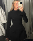 HAZEL™ - Chic A-Line Dress with Stand Collar and Long Sleeves