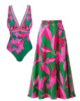 Pink & Green Colorblock Print V-Neck Swimsuit Set(s)