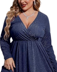 MATHILDE™ - Plus Size Glitter V-Neck Ruffle Hem Swing Cocktail Dress