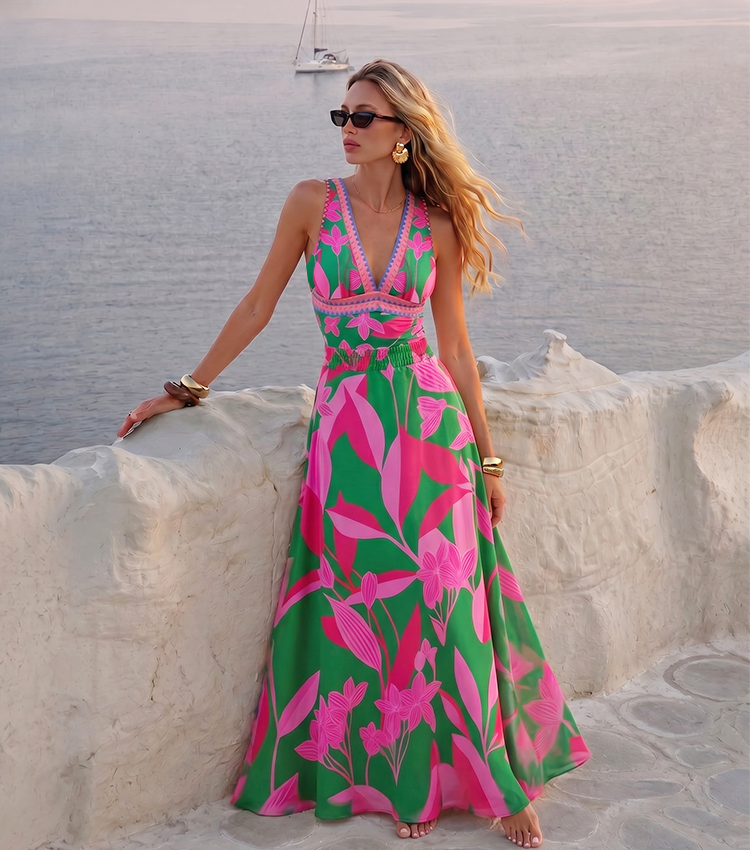 Pink &amp; Green Colorblock Print V-Neck Swimsuit Set(s)