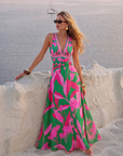 Pink & Green Colorblock Print V-Neck Swimsuit Set(s)