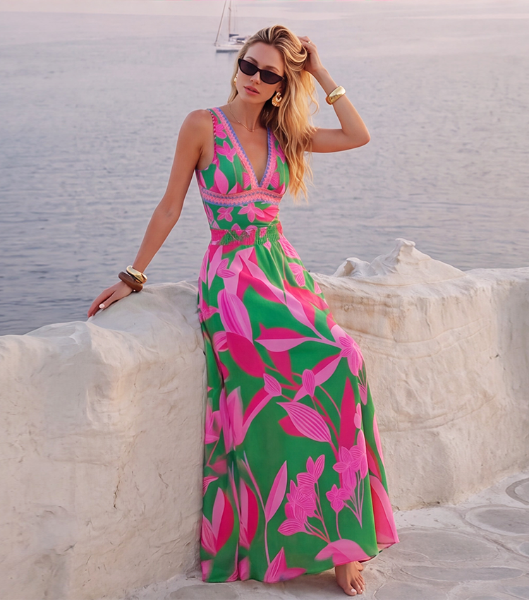Pink &amp; Green Colorblock Print V-Neck Swimsuit Set(s)