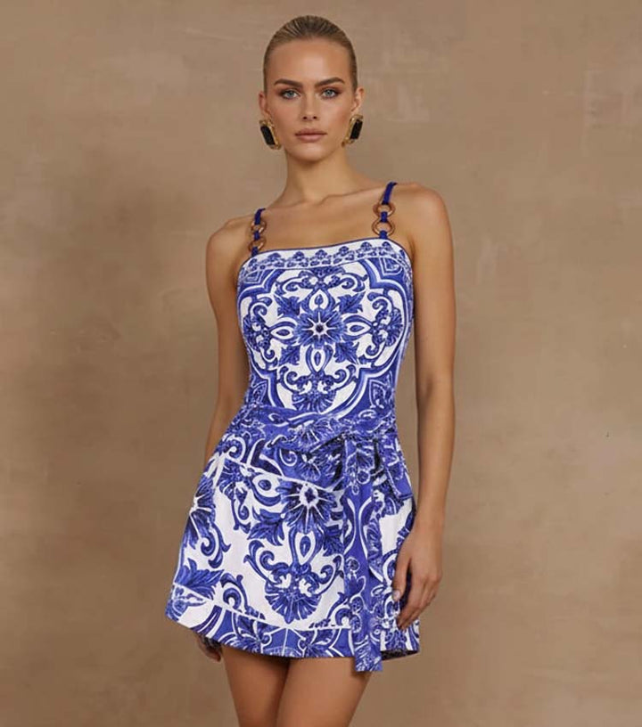 Sling Classic Majolica Series Pattern Print One Piece Swimsuit