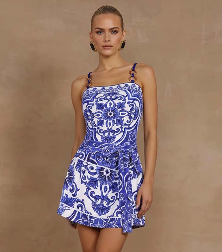 Sling Classic Majolica Series Pattern Print One Piece Swimsuit