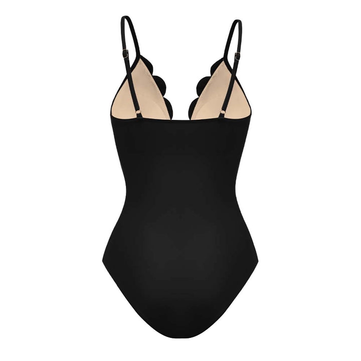 Black Laser Cutting Flower Hollow One Piece Swimsuit and Skirt