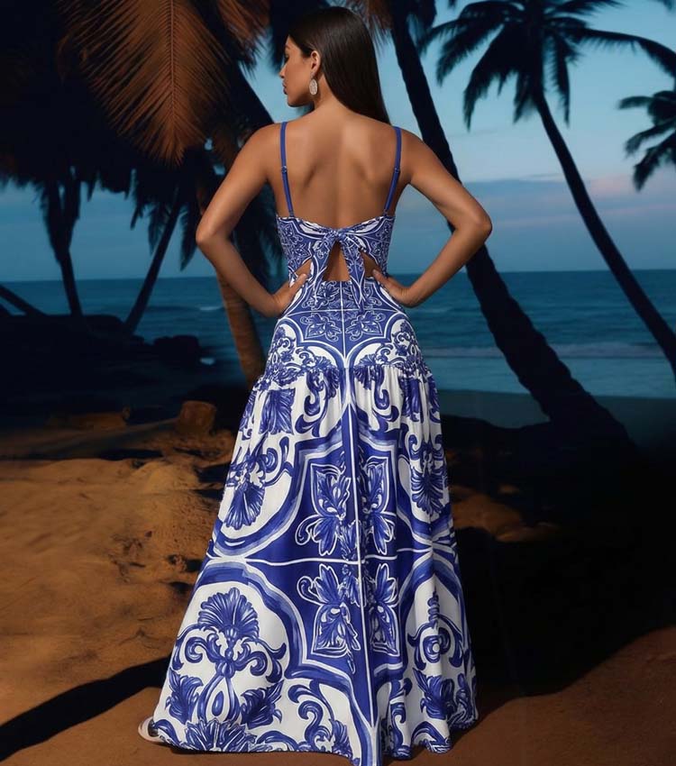 Sling Classic Majolica Series Pattern Print One Piece Swimsuit