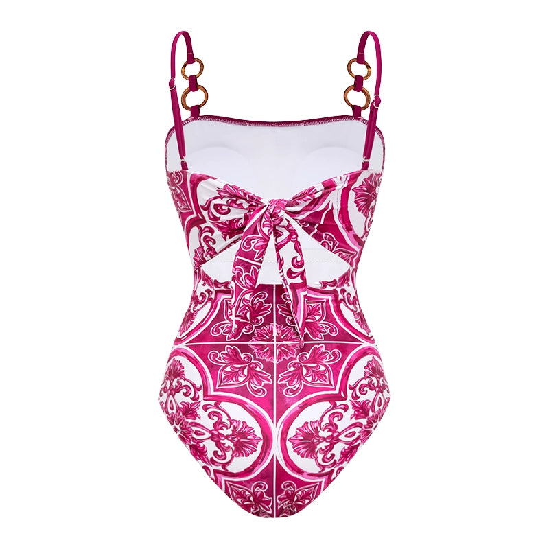 Sling Classic Majolica Series Pattern Print One Piece Swimsuit and Skirt or Shorts