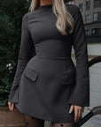 HAZEL™ - Chic A-Line Dress with Stand Collar and Long Sleeves