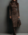 Ilaria™ - Suede Midi Dress with High Neck and Long Sleeves