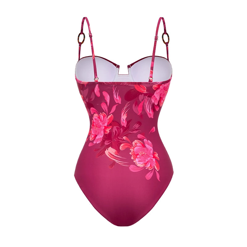 Sling Abstract Floral Print One Piece Swimsuit and Skirt
