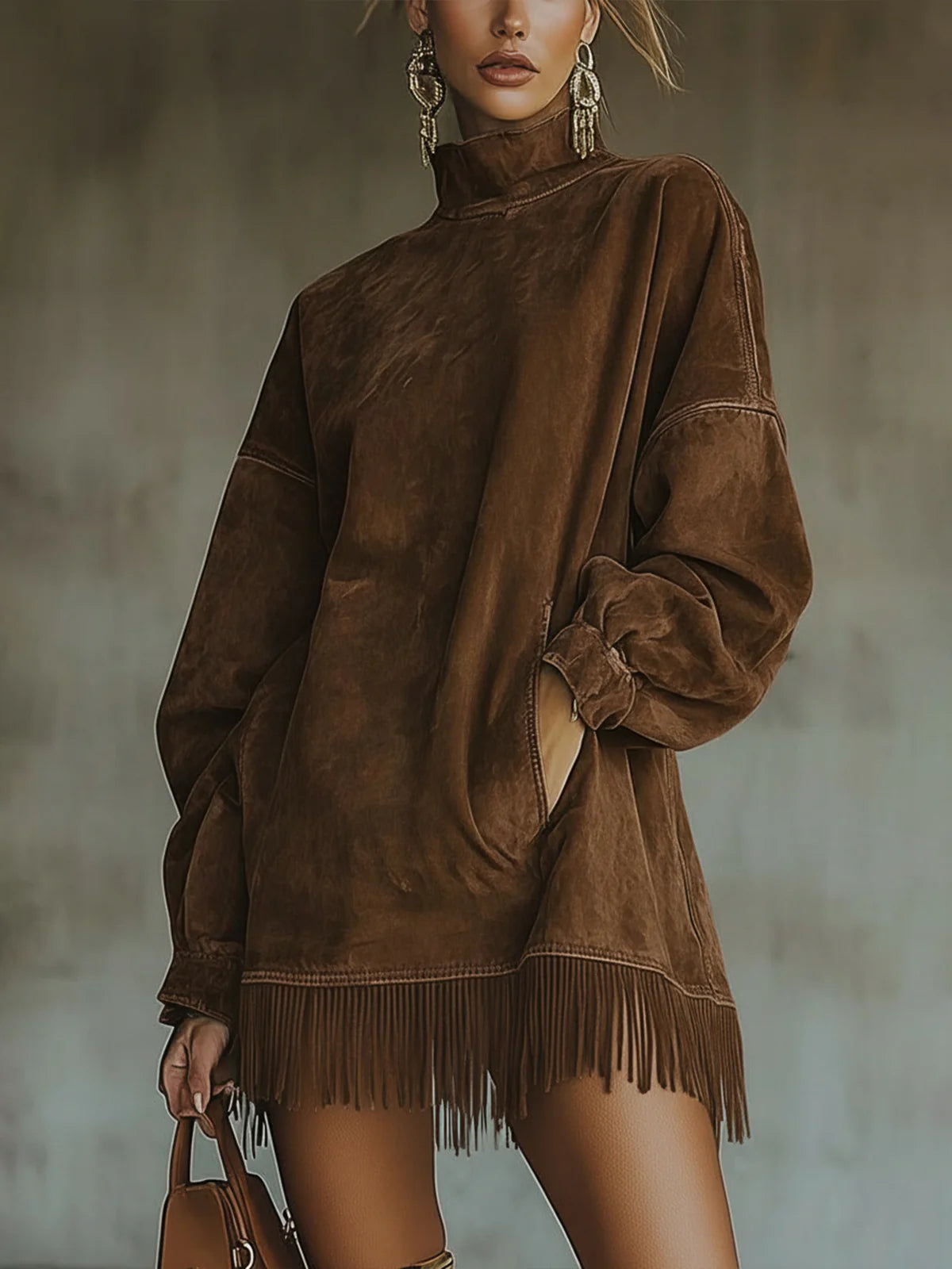 Darcie - Grey Suede Tunic Dress with Fringe