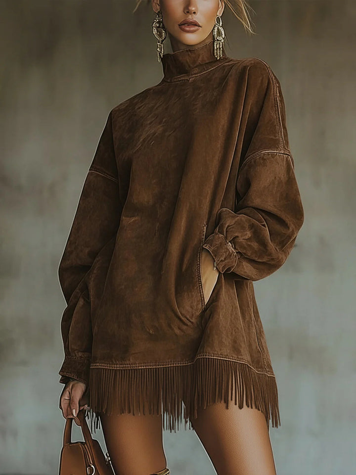 Darcie - Grey Suede Tunic Dress with Fringe