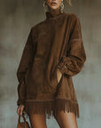 Darcie - Grey Suede Tunic Dress with Fringe