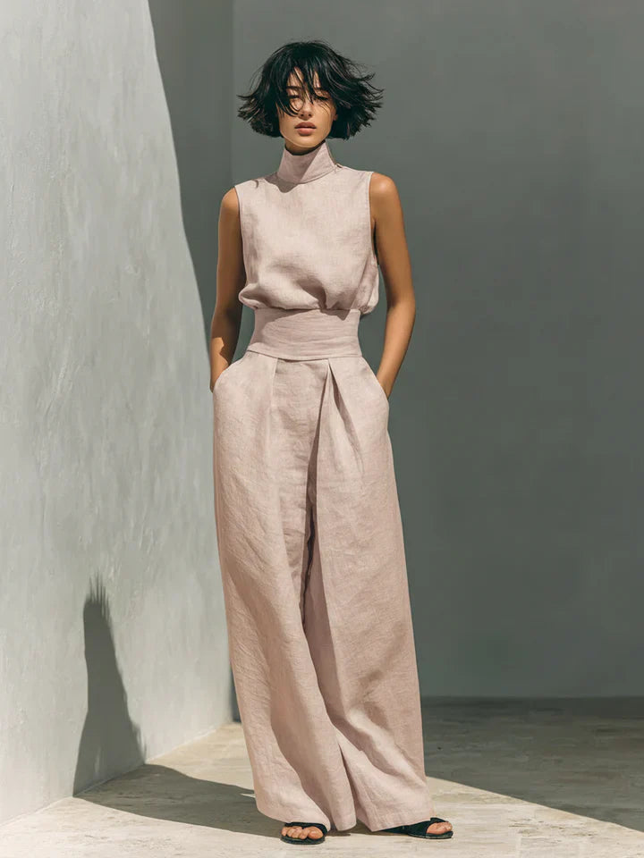 Flor™ | Minimalist set featuring a sleeveless blouse and wide-leg pants in cotton and linen for women
