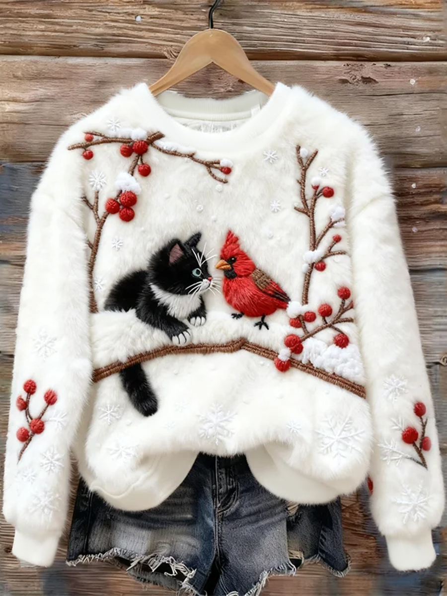 Women's Casual Christmas Cat Art Flannel Sweatshirt