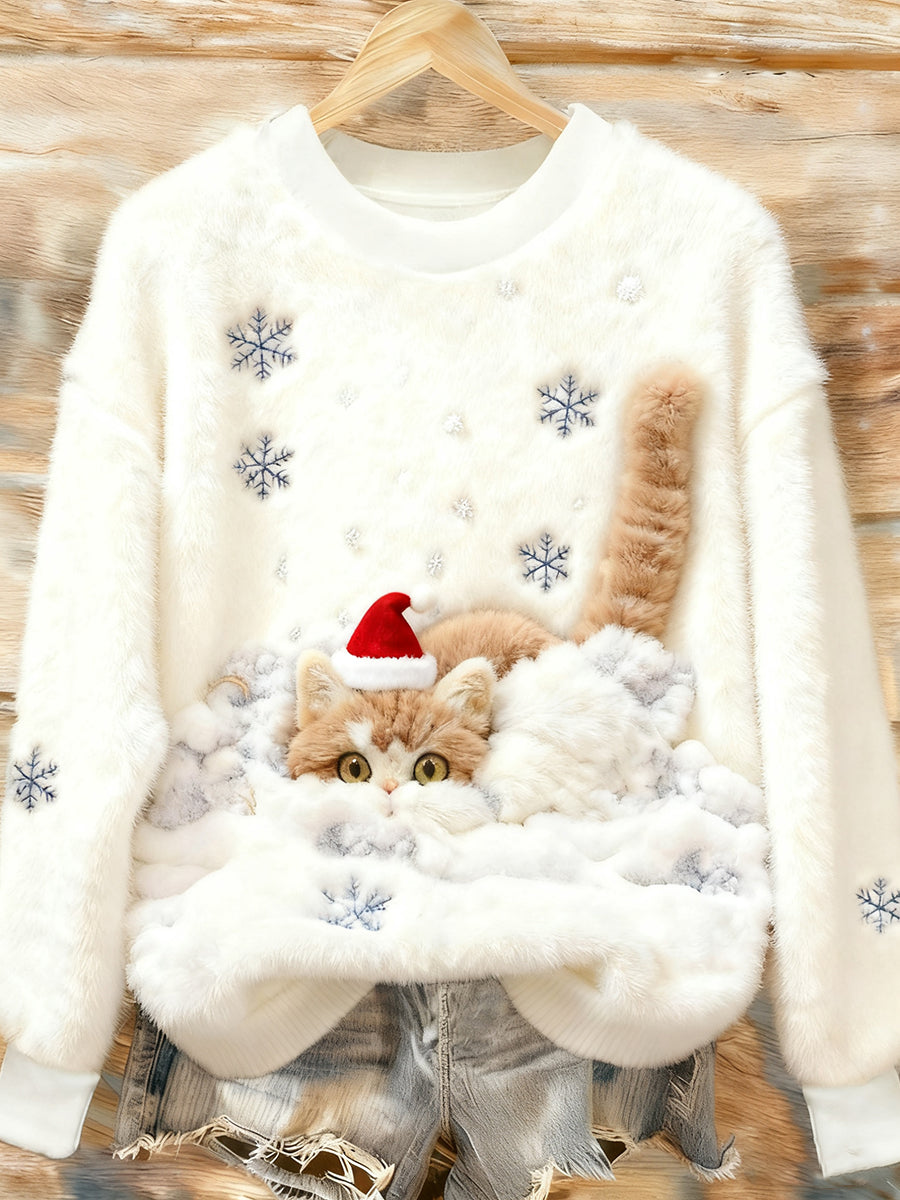 Casual Flannel Sweatshirt with Christmas Cat Print for Women