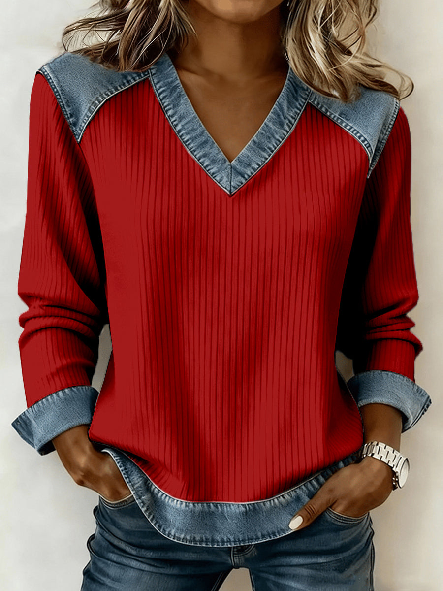 Women's Christmas-inspired patchwork pattern V-neck top