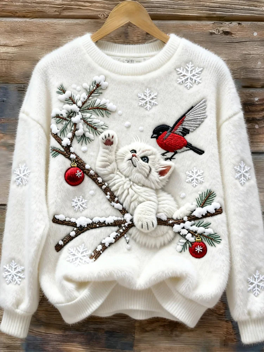 Women's Flannel Sweatshirt with Cute Cat Print