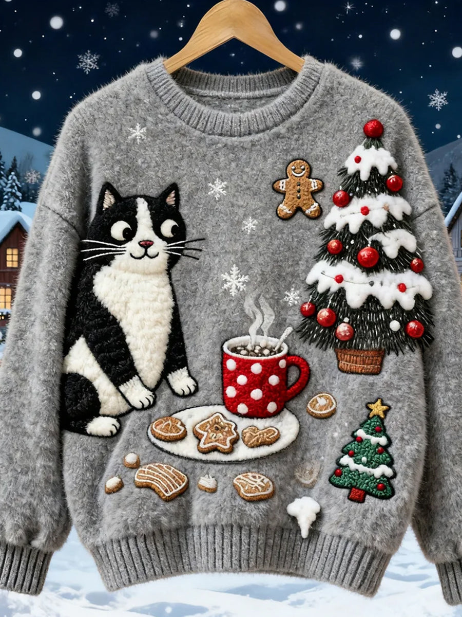 Comfortable Flannel Sweatshirt with Retro Christmas Animal Art Print for Women