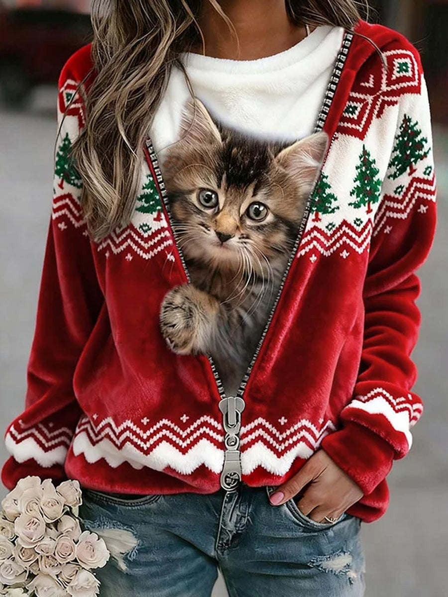 Comfortable Flannel Sweatshirt with Retro Christmas Animal Art Print for Women