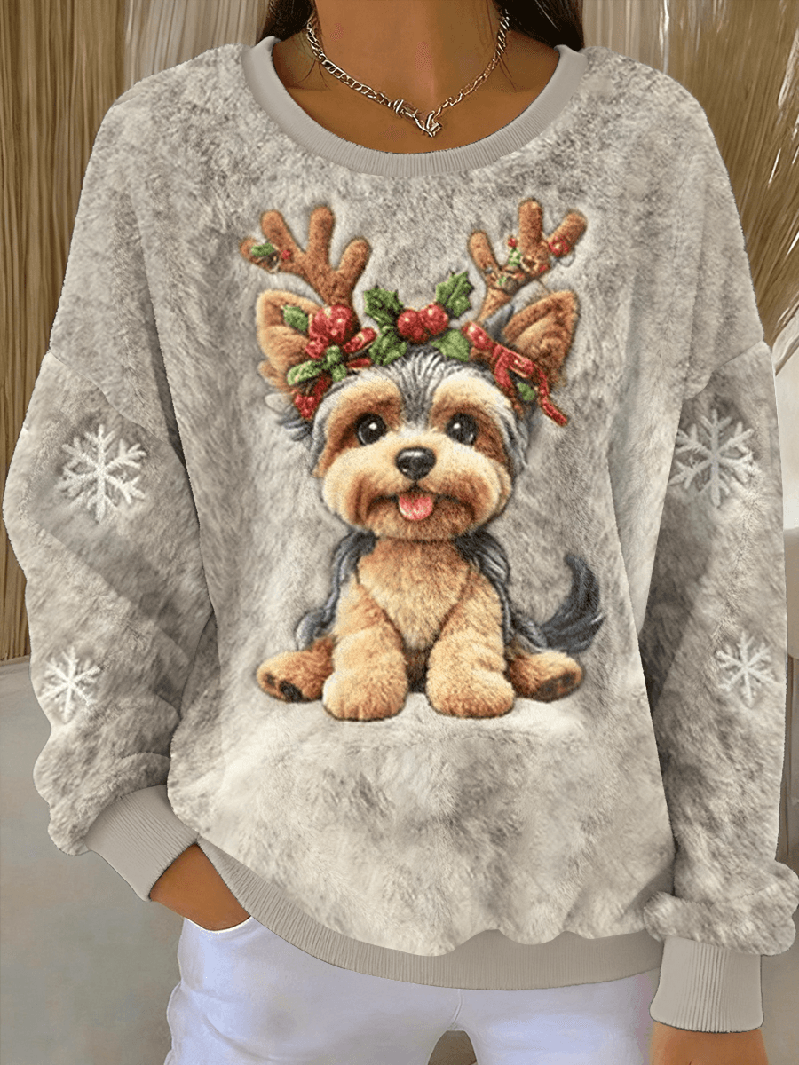 Casual Flannel Sweater for Women with Cute Christmas Dog Design