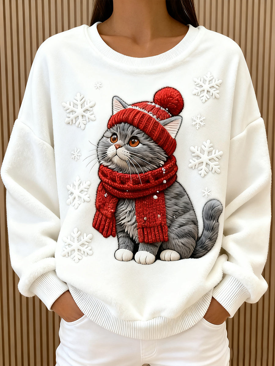 Casual flannel hoodie with Christmas cat print for women