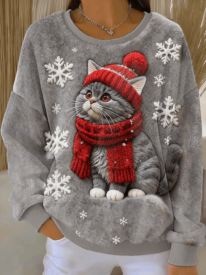 Casual flannel hoodie with Christmas cat print for women