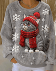 Casual flannel hoodie with Christmas cat print for women