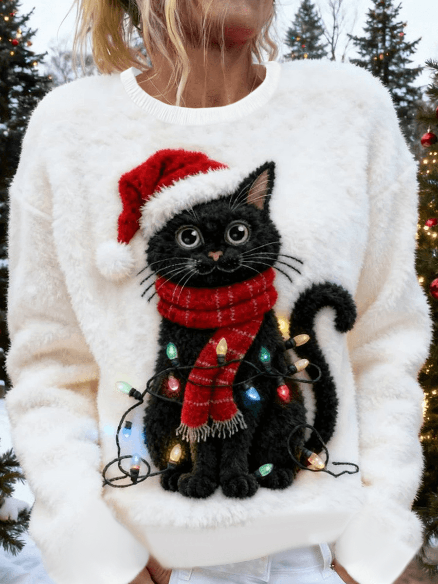 Casual Flannel Sweatshirt with Christmas Cat Print for Women