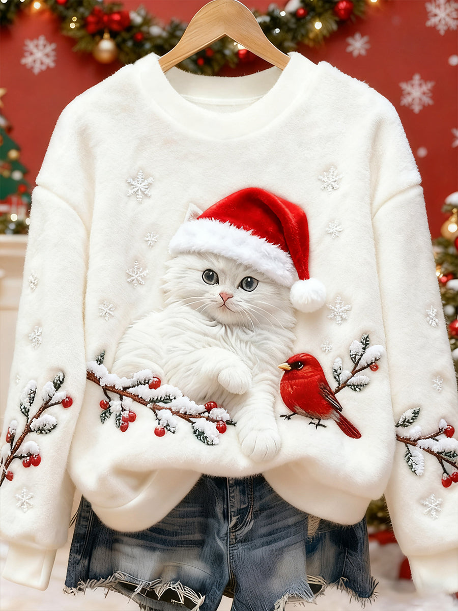 Casual Christmas Cat Art Flannel Sweatshirt for Women