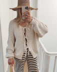 Solid Color Crew Neck Lace-Up Cardigan