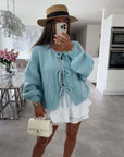 Solid Color Crew Neck Lace-Up Cardigan