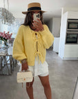 Solid Color Crew Neck Lace-Up Cardigan