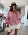 Solid Color Crew Neck Lace-Up Cardigan