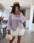 Solid Color Crew Neck Lace-Up Cardigan