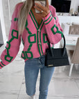V-Neck Casual Color Contrast Knit Cardigan