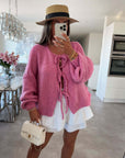 Solid Color Crew Neck Lace-Up Cardigan