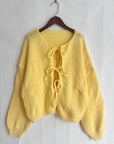 Solid Color Crew Neck Lace-Up Cardigan