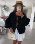 Solid Color Crew Neck Lace-Up Cardigan